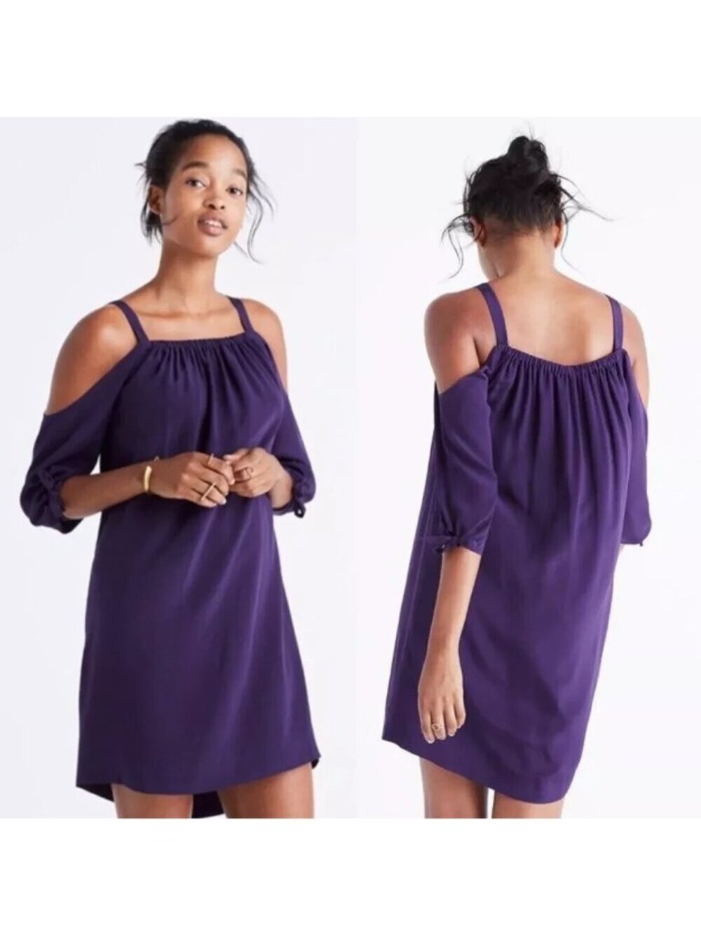 Madewell Dress Womens 4 Purple Silk Cold Shoulder Shift Mini Swing 3/4 Sleeves